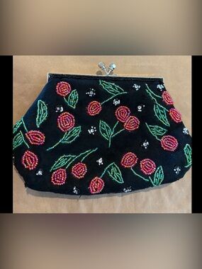 Hand Beaded cherry 🍒 clutch with silver hardware detachable crossbody chain.